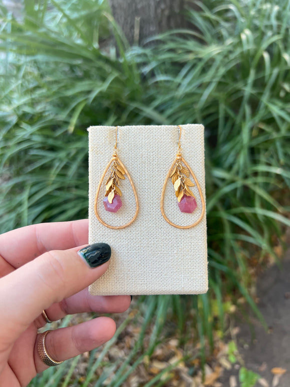 Pink Saphire & Gold Feather Earrings